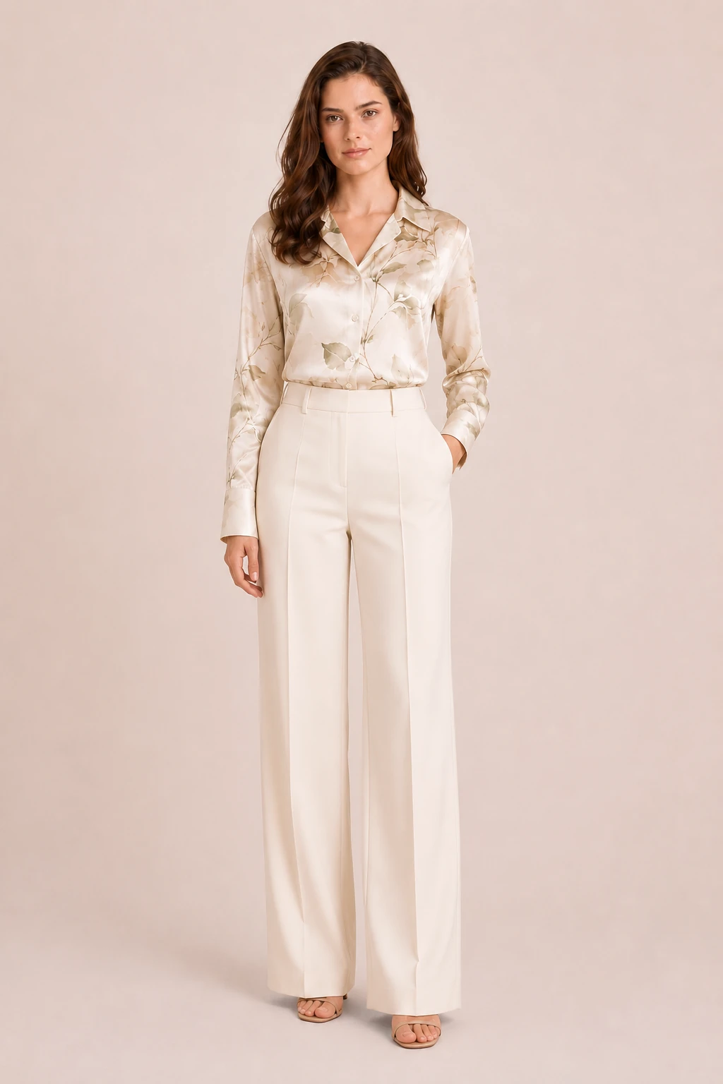 Leaf print silk shirt tucked into trousers for professional women's fashion style