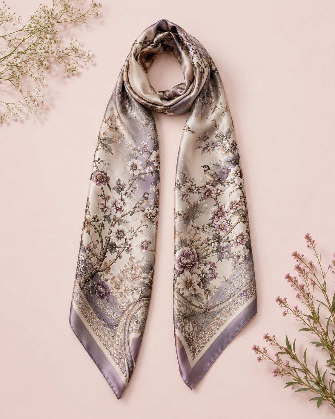 Silk Scarf 14 Long silk scarf with lavender floral branches birds and decorative border pattern
