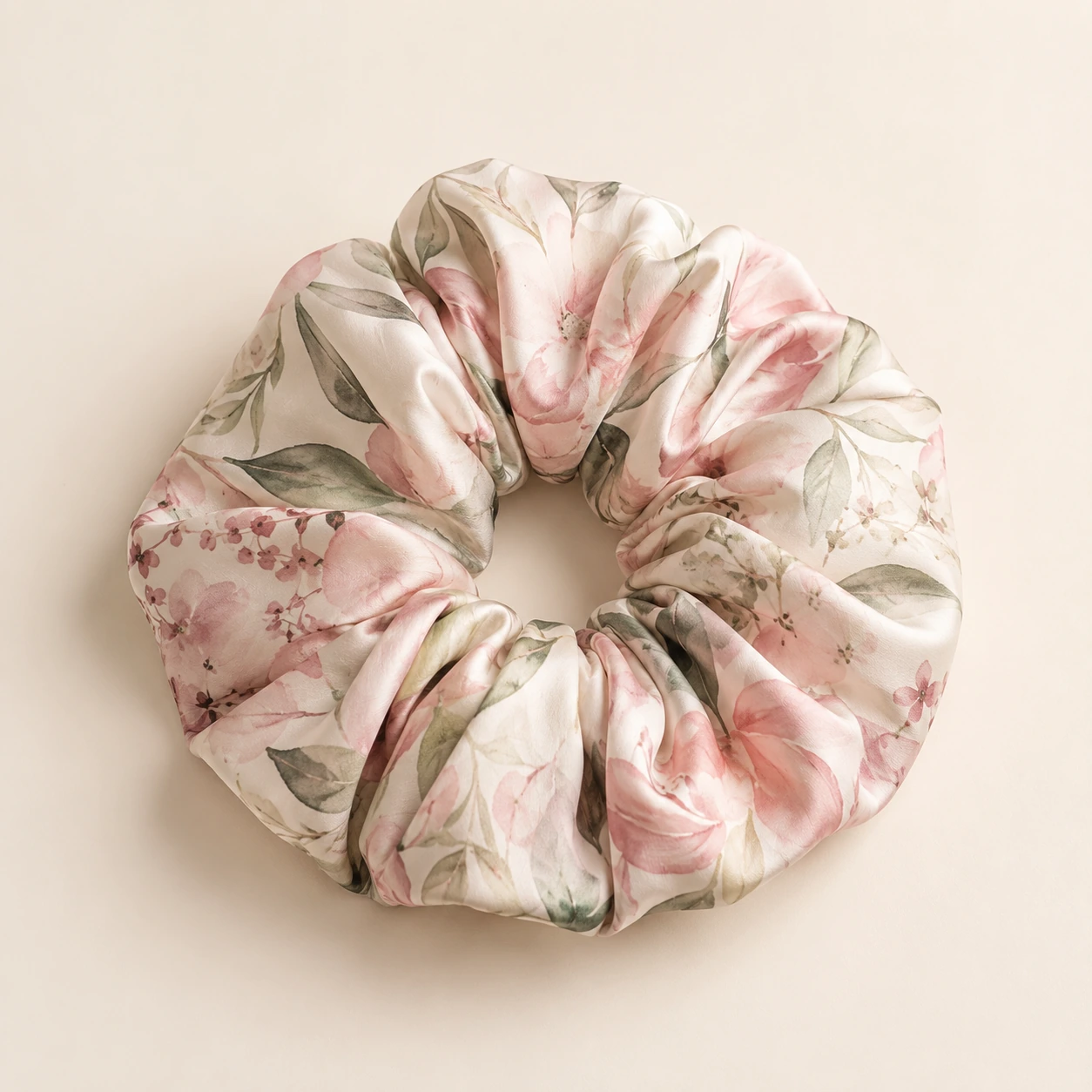 Silk Accessory 24 Pink floral silk scrunchie with soft gathered fabric and botanical printed pattern