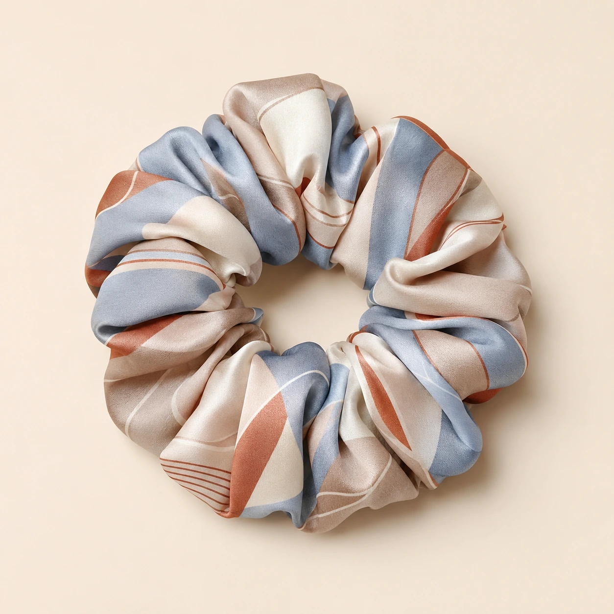 Silk Accessory 25 Blue and brown geometric patterned silk scrunchie with modern printed design