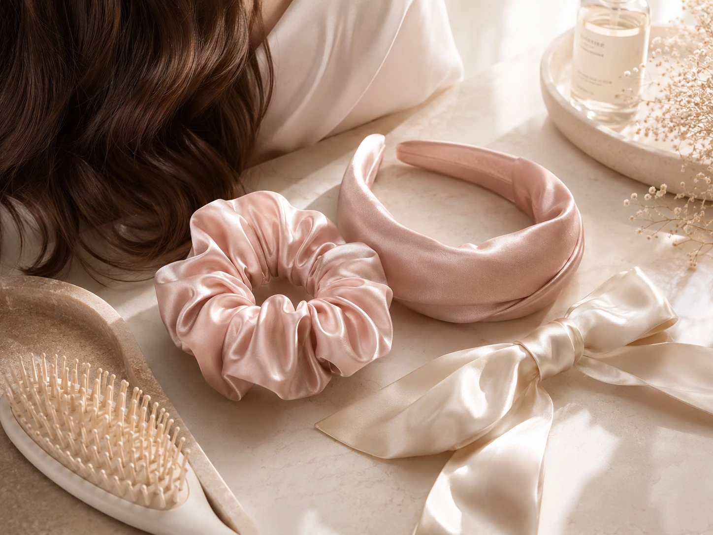 Silk Accessory 27 Custom silk bow headband, scrunchies, and floral hair accessories with soft elegant design