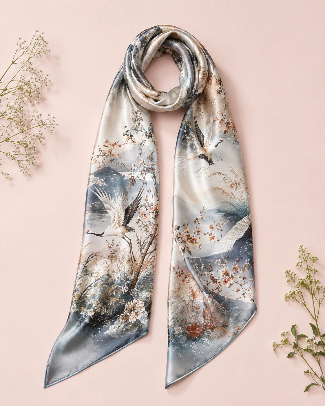 Silk Scarf 15 Long silk scarf with cranes mountain landscape and artistic botanical print in blue grey and ivory