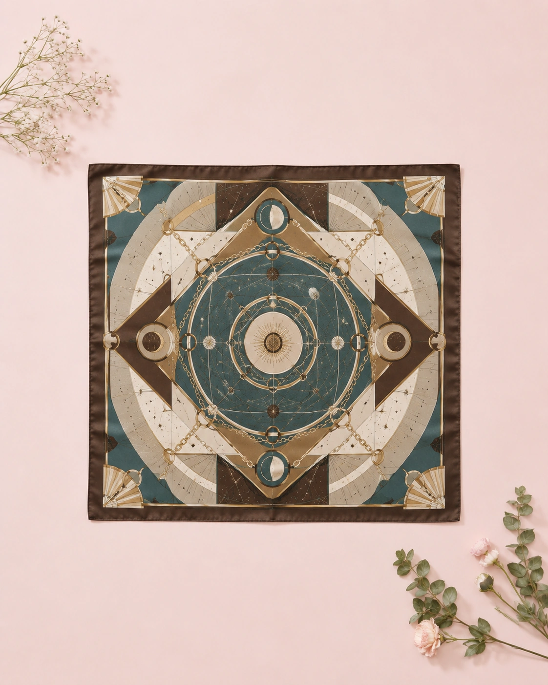 Silk Scarf 18 Square silk scarf with celestial geometric pattern in teal brown beige and gold