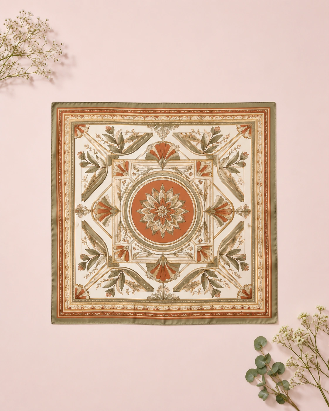 Silk Scarf 19 Luxury square silk scarf with terracotta olive and cream Art Deco floral pattern