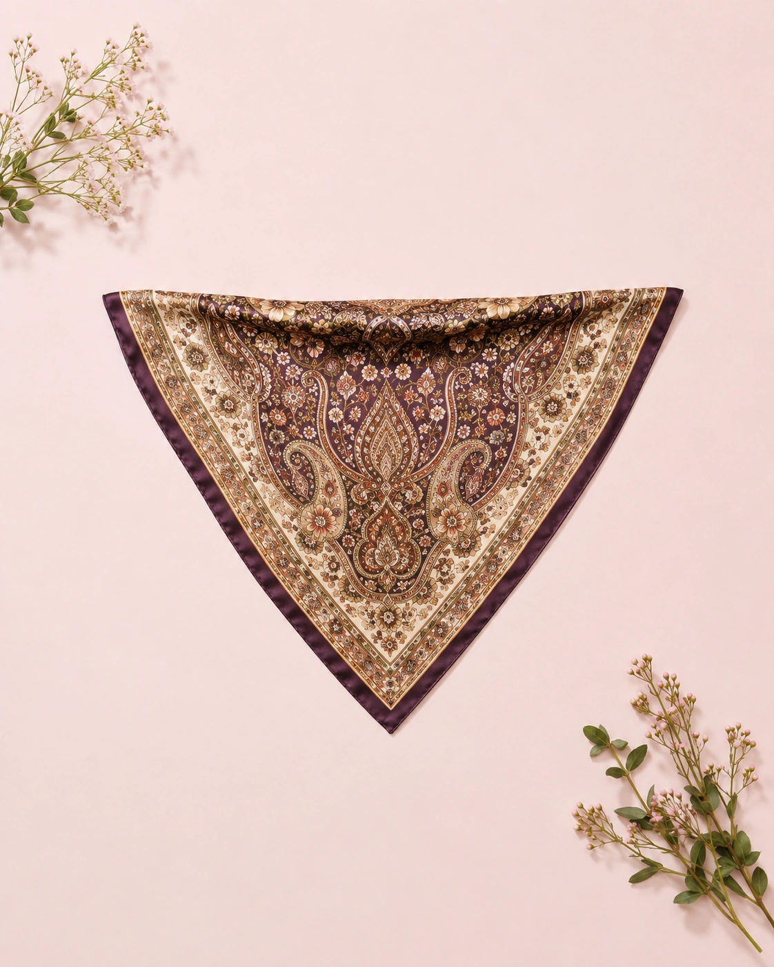 Silk Scarf 17 Burgundy triangle silk scarf with intricate paisley and Baroque ornamental pattern