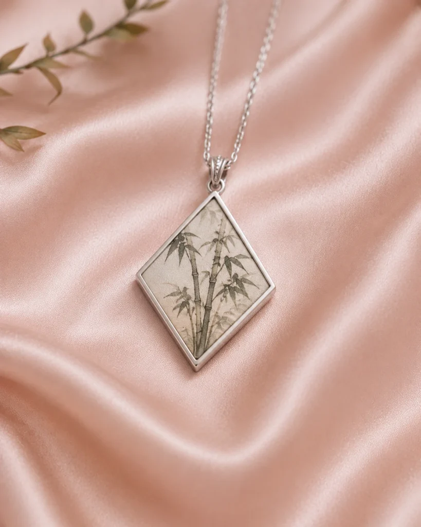 Bamboo artwork diamond shaped silk jewelry pendant