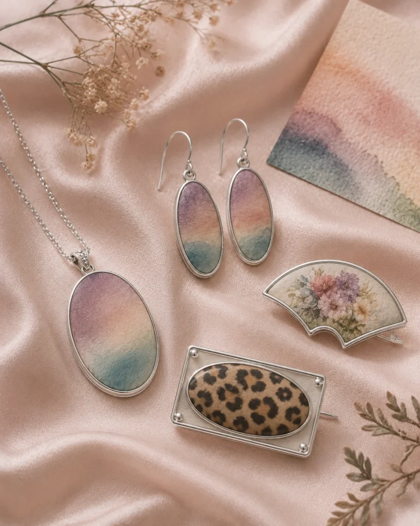 Abstract artwork silk jewelry earrings pendant and ring