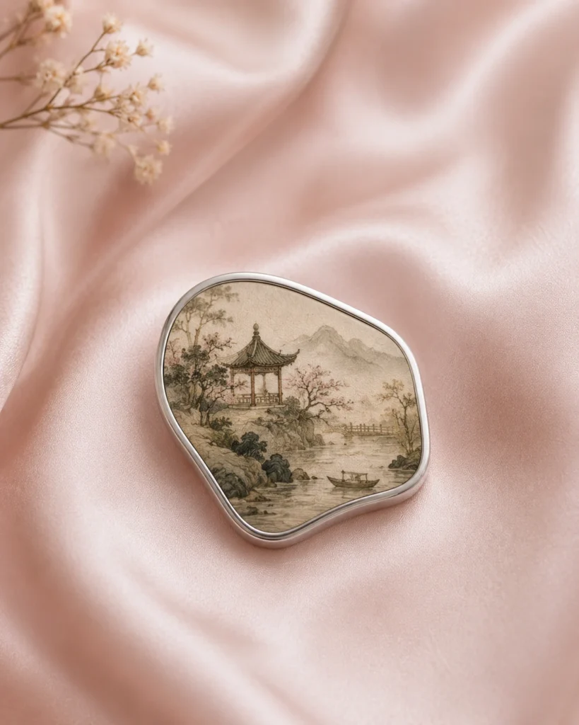 Landscape artwork irregular shaped silk jewelry pendant