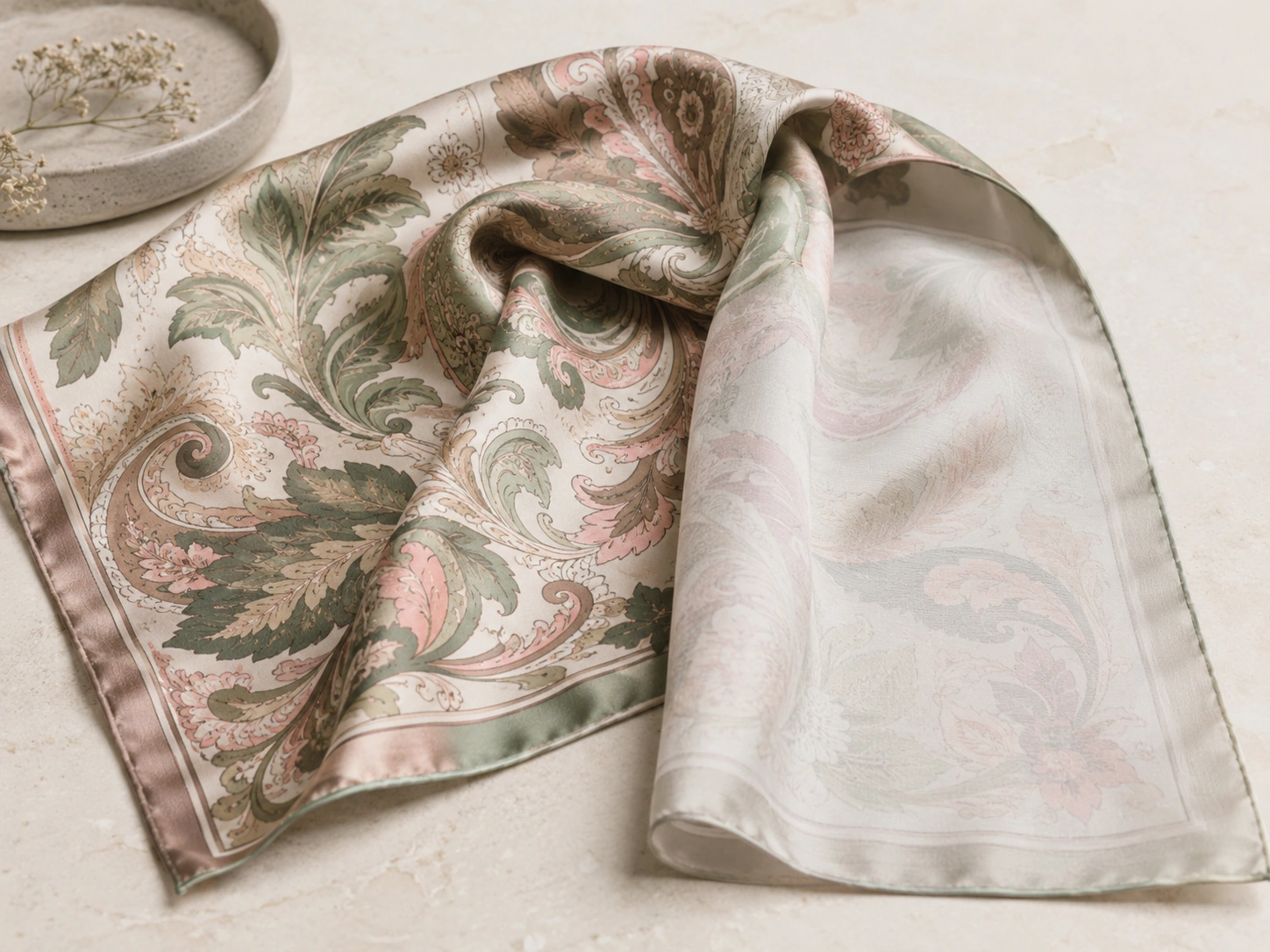 Single-sided printed silk scarf showing a clear front pattern with softer color penetration on the reverse side.