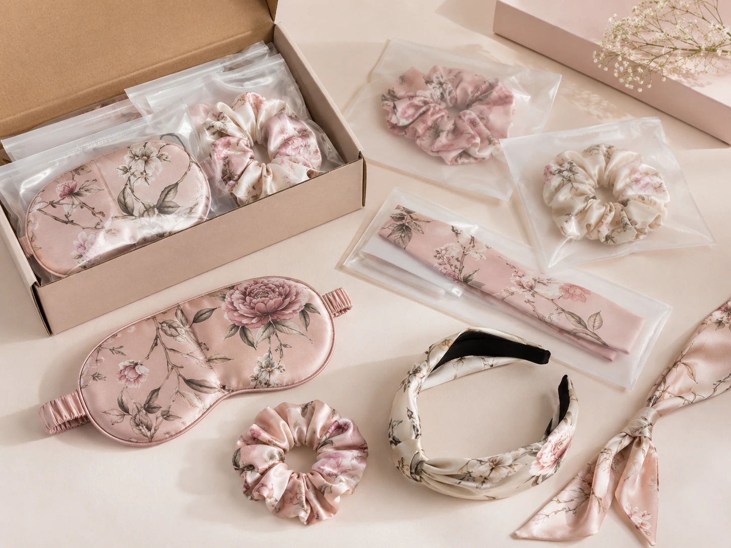 Silk Accessory 30 Silk accessories packed in transparent polybags including silk scrunchies, eye masks, and hair accessories for wholesale orders