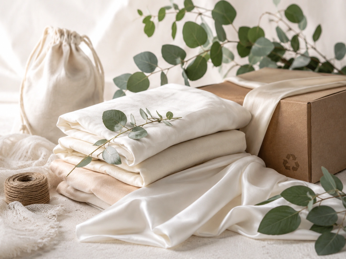About 5 Eco-friendly silk fabrics with natural leaves, sustainable packaging, and environmentally conscious textile production concept.
