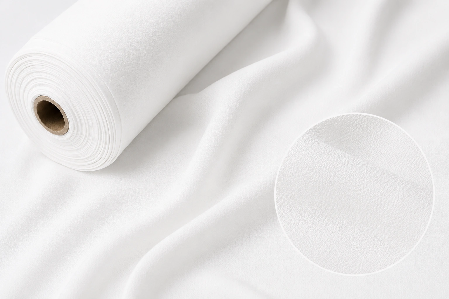 White silk charmeuse fabric roll with soft sheen and fine close-up texture detail