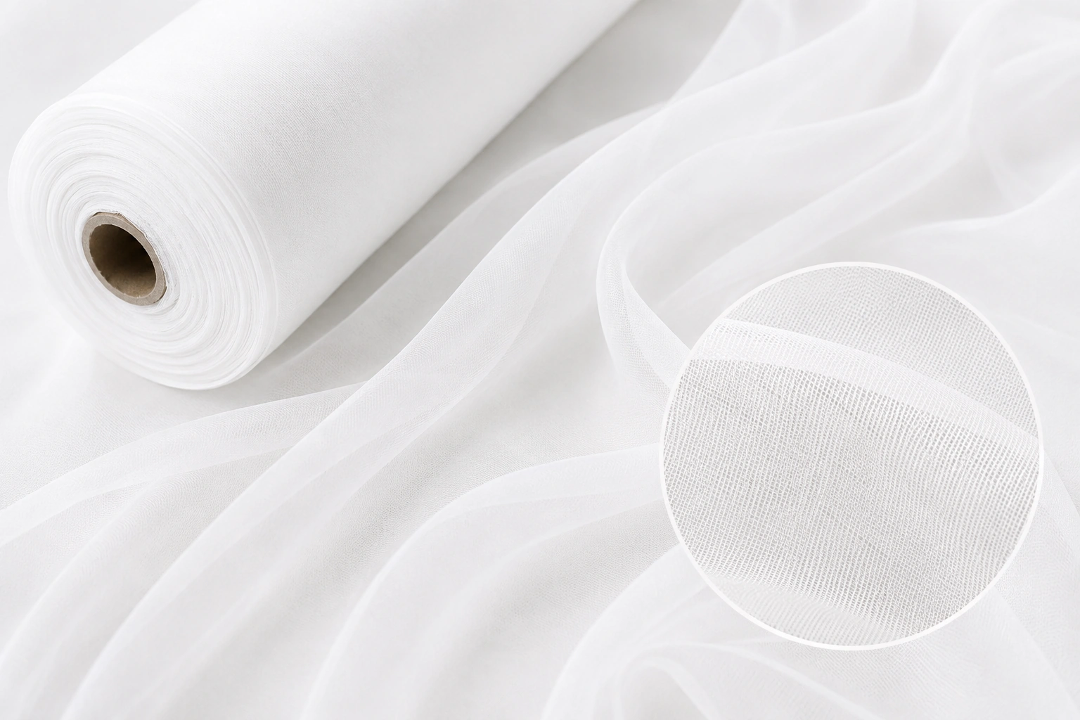 Silk Scarf 5 White silk chiffon fabric roll with sheer lightweight texture and close-up detail