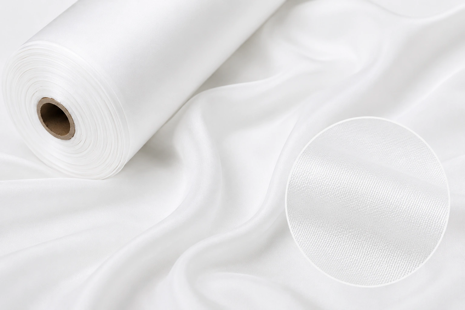 White silk crepe de chine fabric roll with subtle grain texture and soft drape