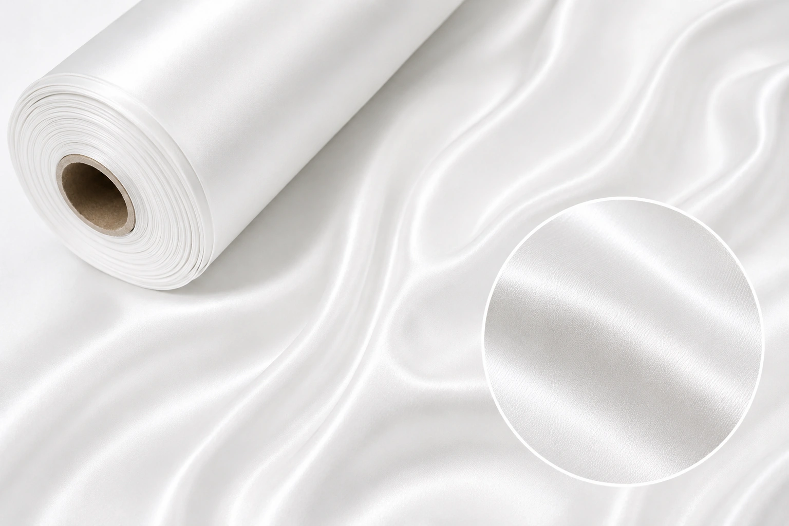 Silk Scarf 6 White silk habotai fabric roll with smooth lightweight texture and close-up detail