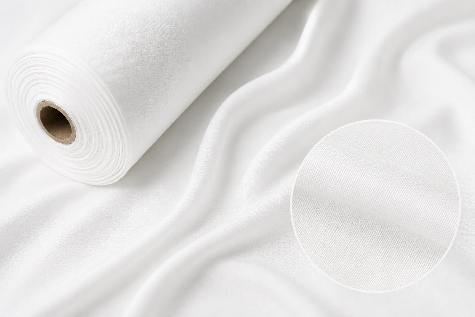 White silk satin fabric roll with smooth glossy surface and close-up texture detail