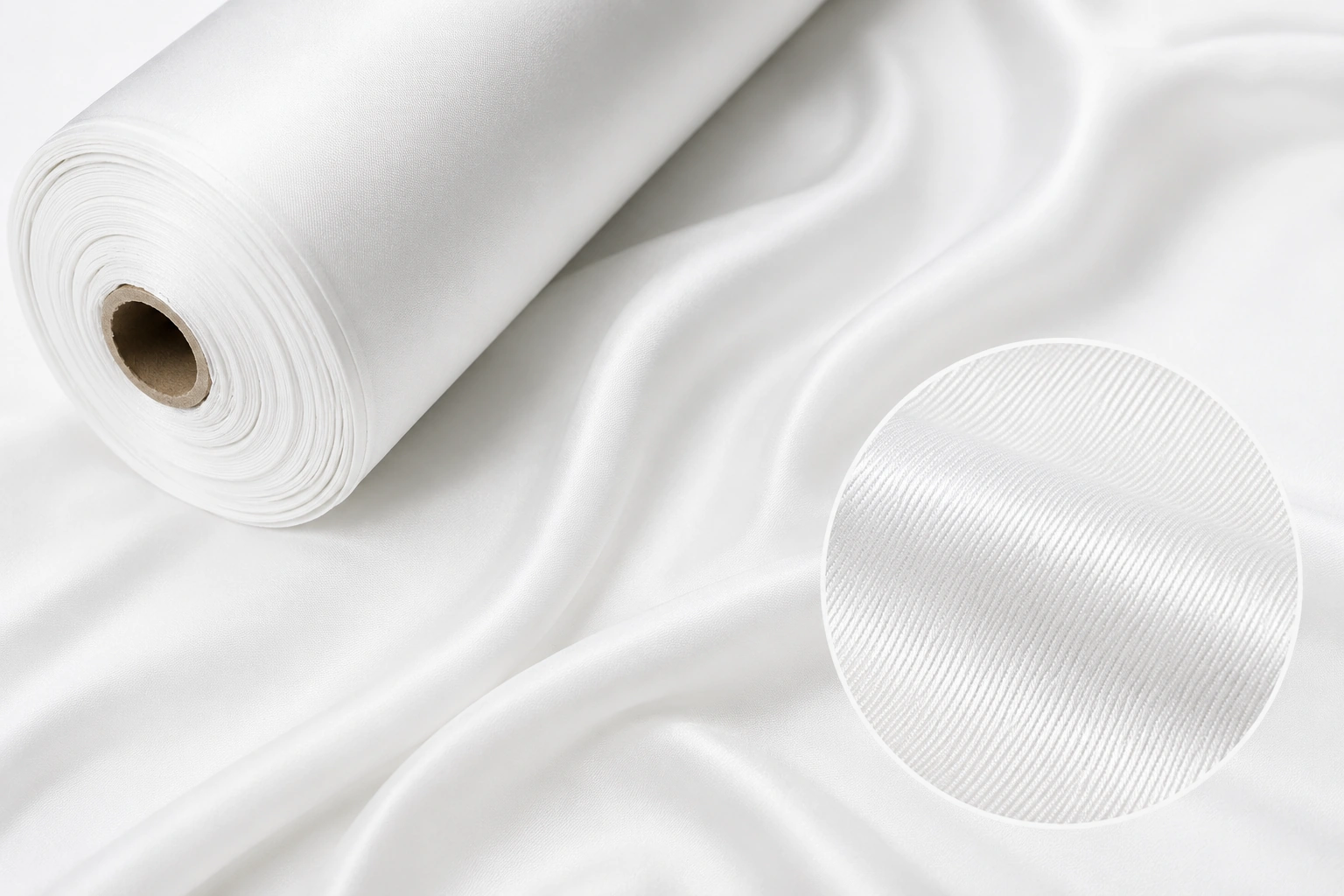 White silk twill fabric roll with close-up diagonal weave texture detail