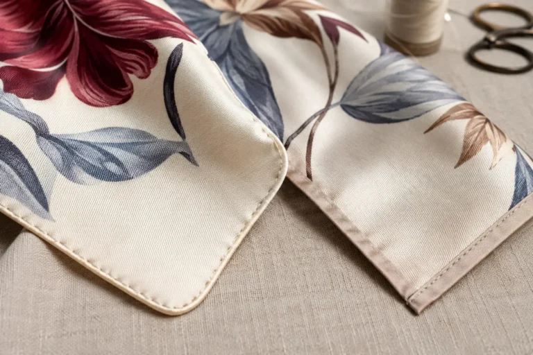 Hand-Rolled Hem vs Machine-Stitched Hem: What Is the Difference? 3 Close-up comparison of hand-rolled and machine-stitched hems on printed silk scarves