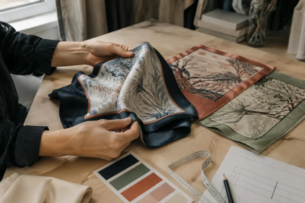 Independent designer reviewing small-batch digitally printed silk scarf samples