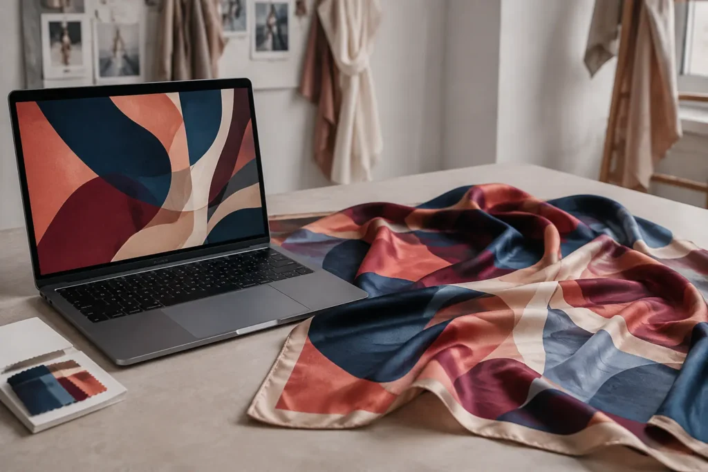 Designer inspecting printed silk colours under natural daylight and warm studio lighting