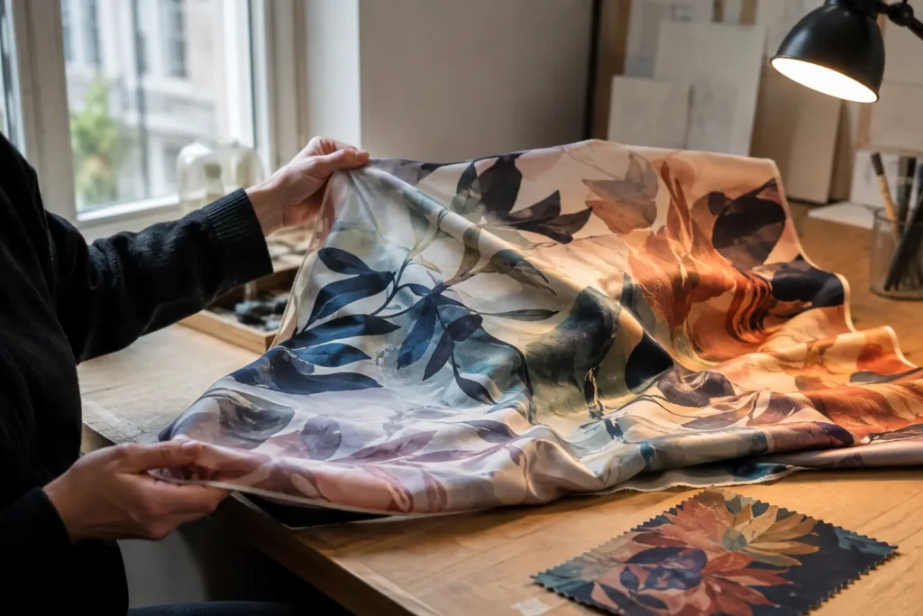 Designer comparing silk print samples with physical colour references before production