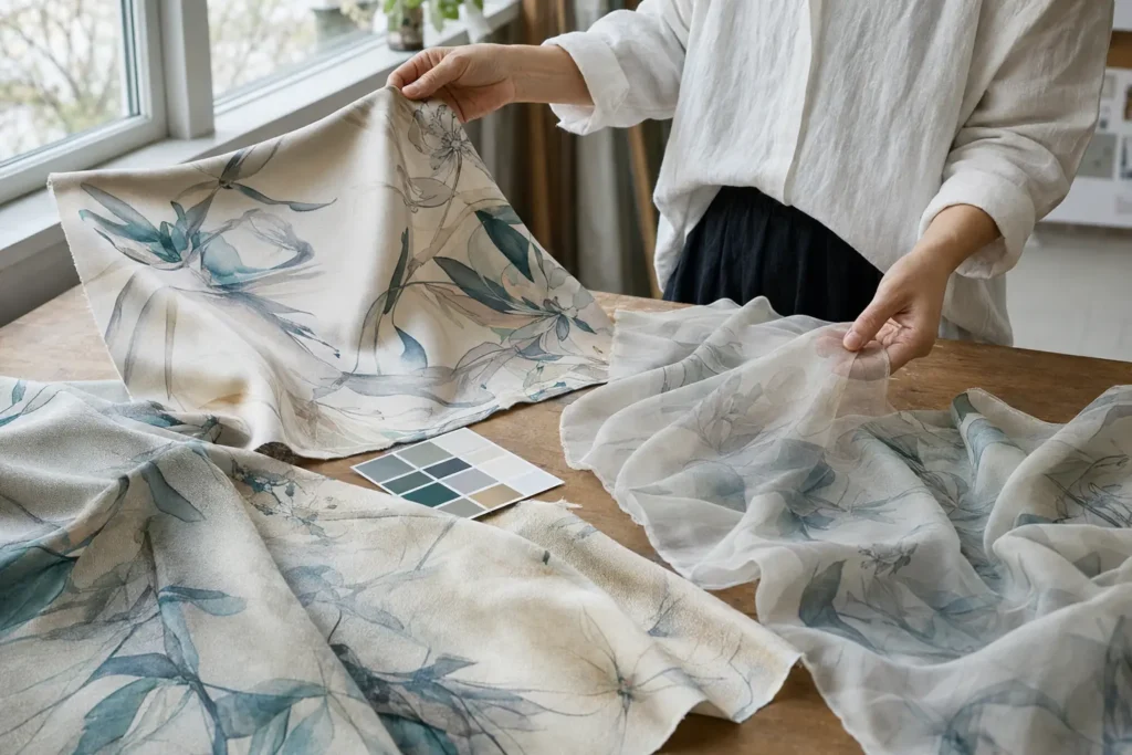 Designer inspecting digitally printed silk fabric samples in natural light