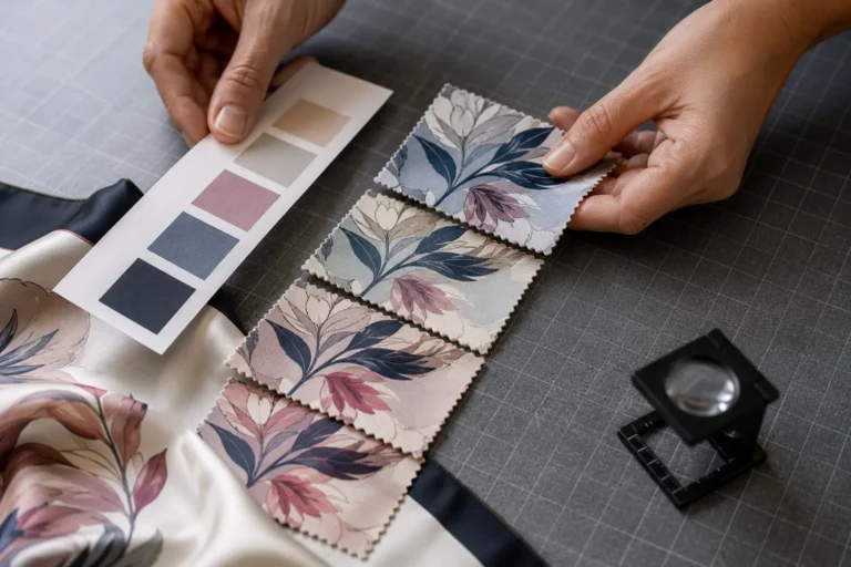 From Screen to Silk: How to Reduce Colour Differences in Custom Printing 4 Laptop artwork beside a digitally printed silk scarf showing colour differences between screen and fabric