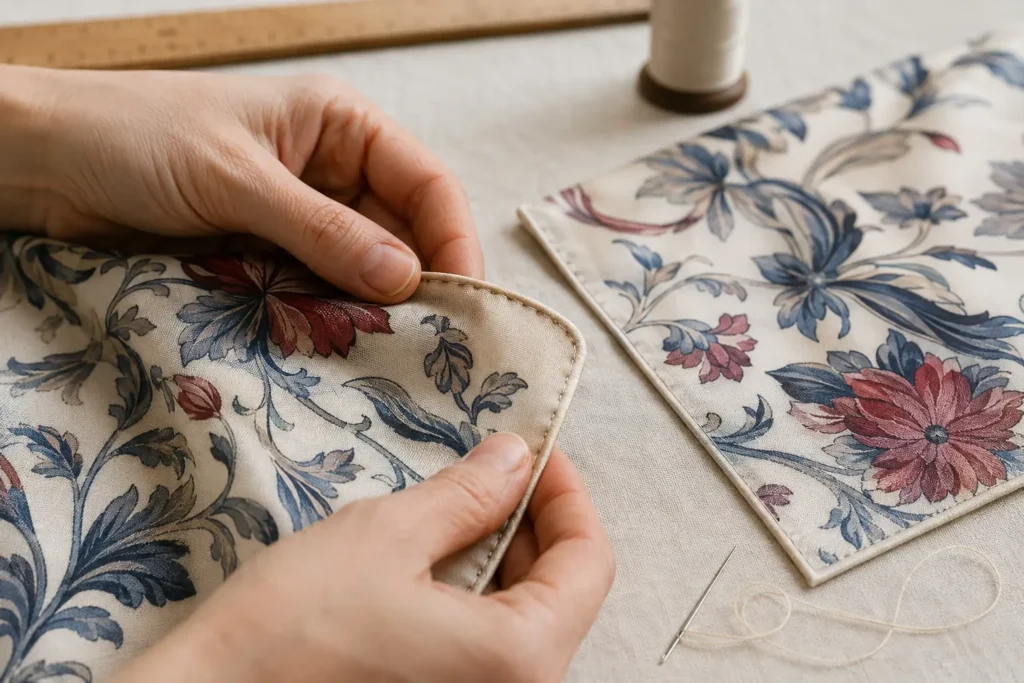 Artisan inspecting hand-rolled and machine-stitched hems on printed silk scarf samples