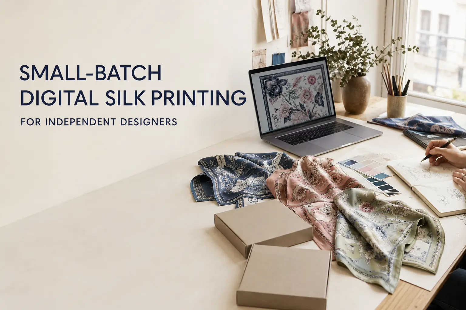 Small-batch digital silk printing for independent designers in a creative textile studio