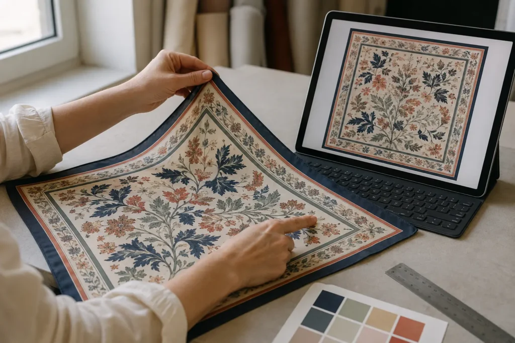 Alt Text: Designer comparing digital artwork with a custom printed silk scarf sample