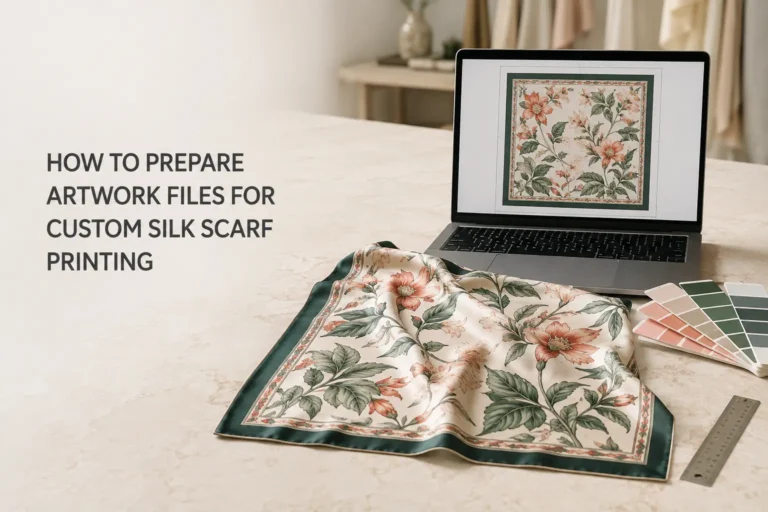 How to Prepare Artwork Files for Custom Silk Scarf Printing 1 Alt Text: Artwork files and printed silk scarf prepared for custom silk scarf printing