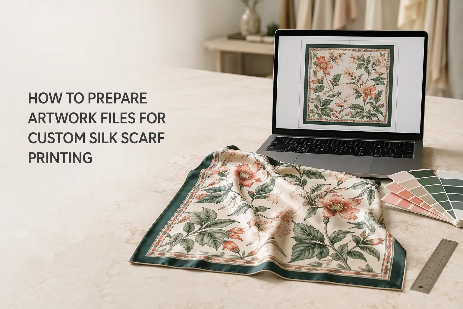 Alt Text: Artwork files and printed silk scarf prepared for custom silk scarf printing